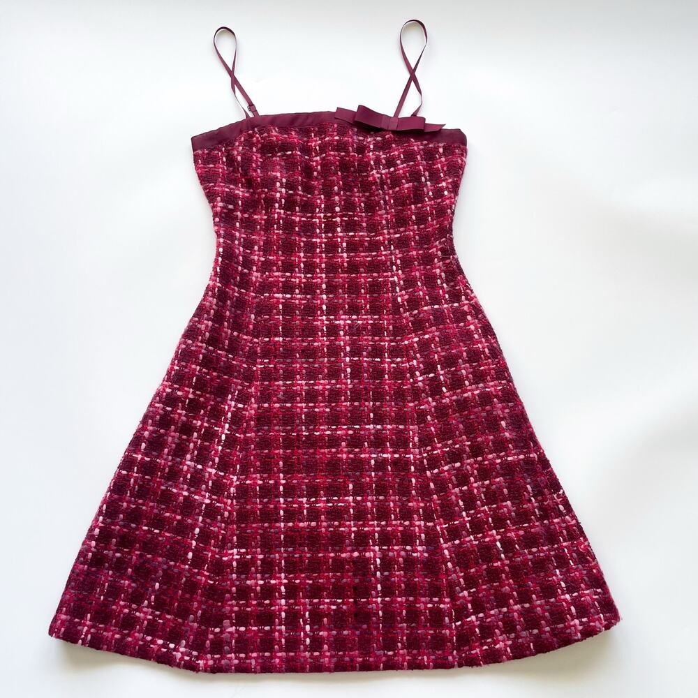 Women's Y2K Betsey Johnson Red and Pink Tweed Dress Size XS/Small - Picture 1 of 10